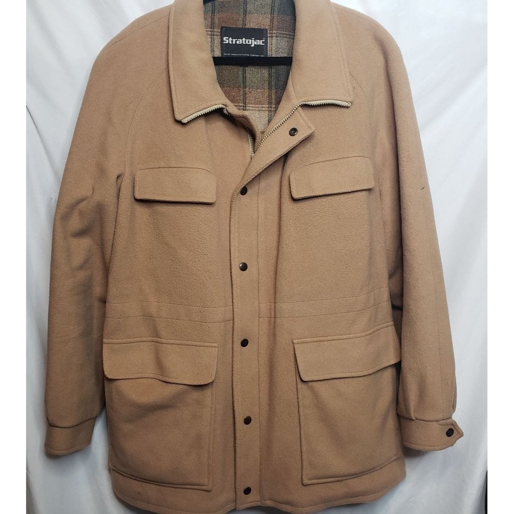 Vintage Stratojac Tan Wool Peacoat Pockets Mens Size 46 Plaid Lining